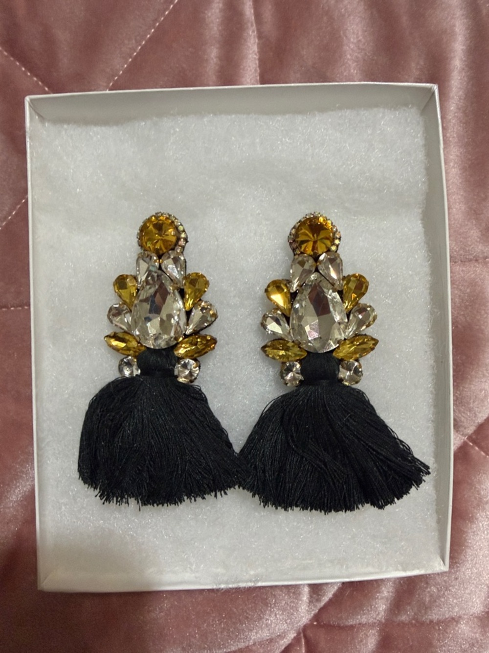 Herencia Clothing Black Tassel Drop Earrings with Amber and Clear Crystals